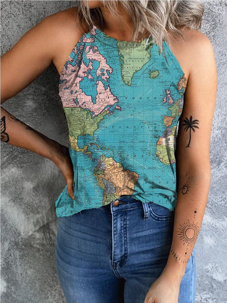 Women's World Map Print Slim Fit Tank Top - prettyspeach