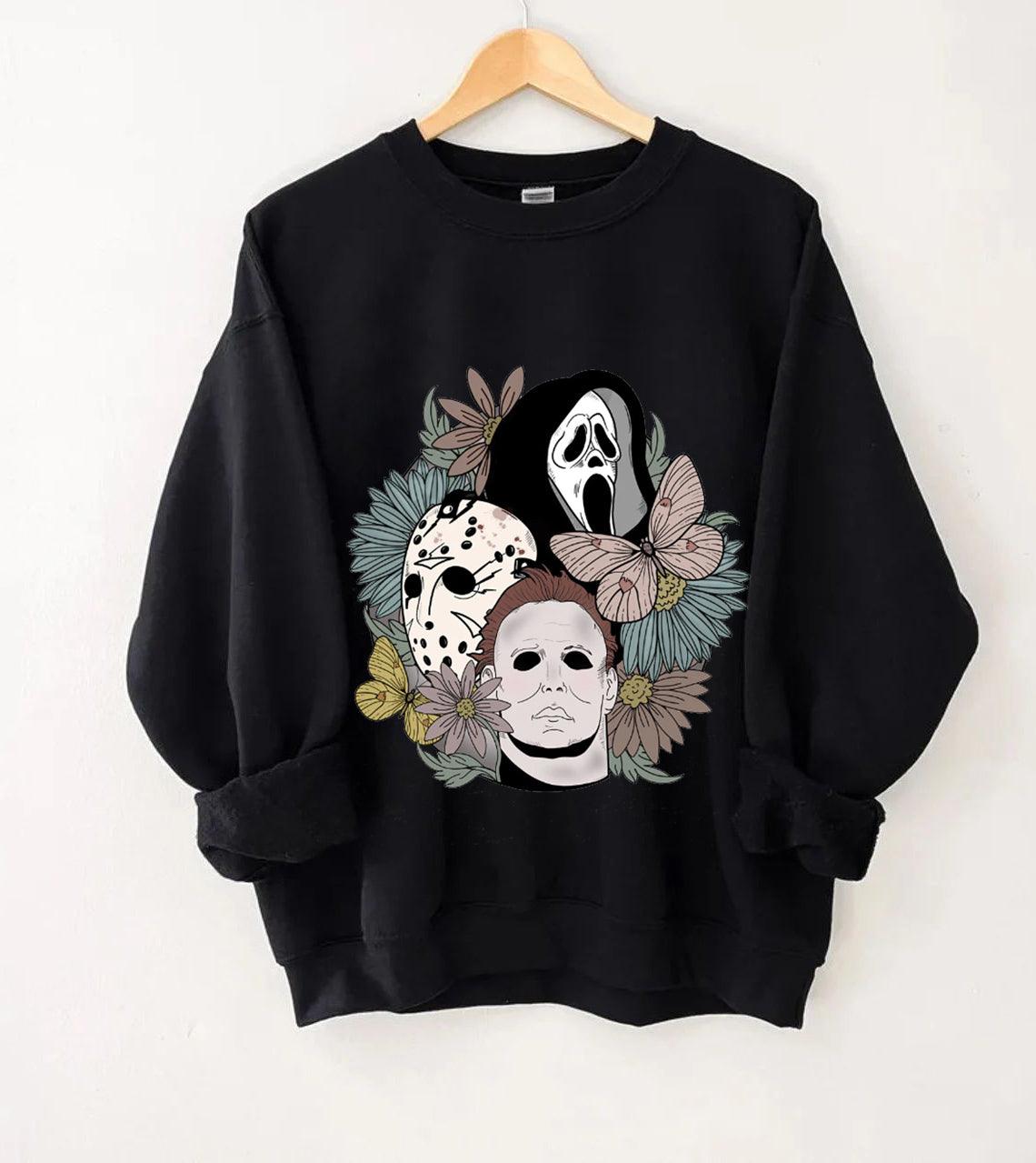 Floral Horror Characters Halloween Sweatshirt - prettyspeach