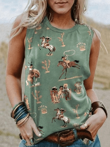 Women's Western Cowboys Cowgirls Print Round Neck Sleeveless T-Shirt - prettyspeach