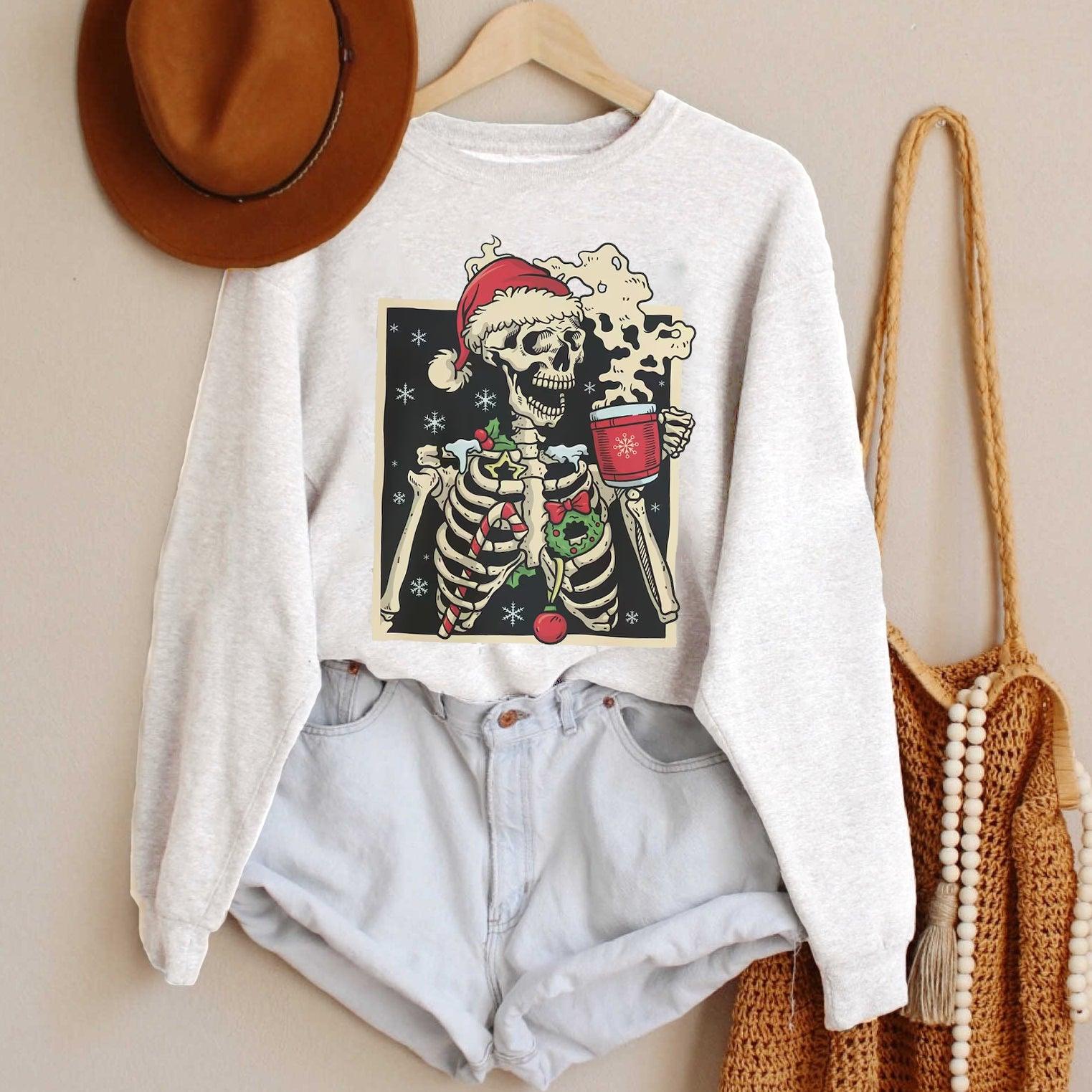 Skeleton Drinking Coffee Christmas Sweatshirt - prettyspeach